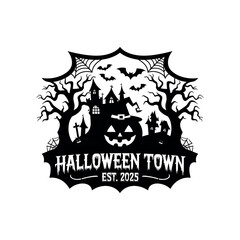Halloween Town Logo Vector with Haunted House, Pumpkin, Bats, Trees and Spider Web
