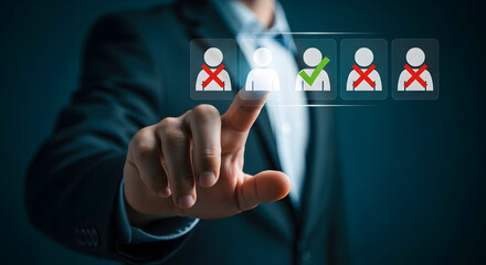 Successful businessman selects ideal candidate from a pool of applicants during a digital recruitment process, ensuring the best fit for his company.