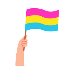 People hold pansexual flag. LGBT pride month celebration. Pansexual orientation. Equality. Vector cartoon illustration.