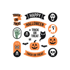 Halloween Typography and Icons Set with Trick or Treat, Pumpkin, Ghost, Skull and Bat