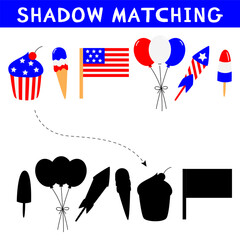 American Independence Day shadow matching activity for children. Educational game for kids. Find the correct silhouette printable worksheet. Vector cartoon illustration