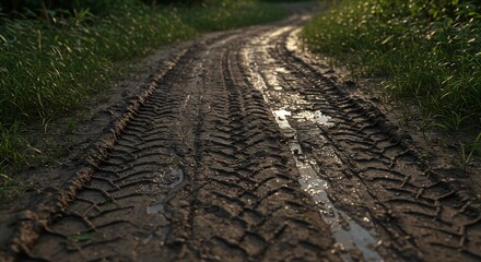 Muddy road with tractor tire tracks flanked by green grass curving into the distance