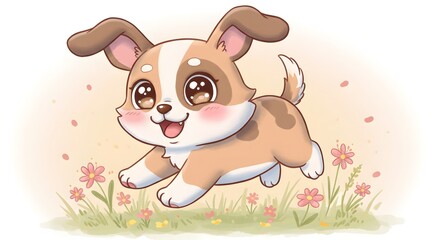 Obraz premium Adorable cartoon dog running through a field of flowers