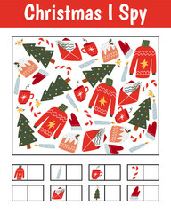Christmas I spy game for kids. Searching and counting activity for preschool children with traditional New Year objects. Winter printable worksheet for kids.