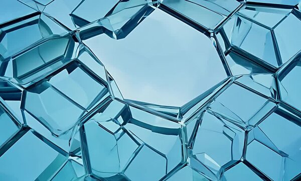 Abstract composition of interconnected translucent blue glass shapes, showcasing dynamic reflections and light interplay, creating a mesmerizing visual flow and depth perception