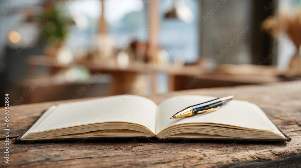 Poster medium shot of a notebook open on a rustic wooden table with a pen poised symbolizing fresh ideas an