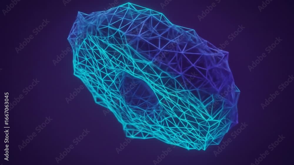 Poster a low poly mesh structure with a hole in the middle rendered in blue and purple on a dark background