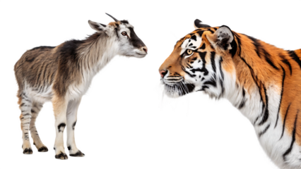 Young Goat and Tiger Face Off Against Each Other on Transparent Background bengal tiger isolated on a transparent background
