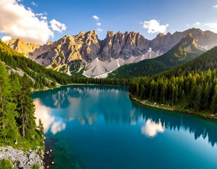 Alpine lake sunset reflection.