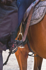 Detail of a rider's foot in the stirrup of a brown horse, preparing to mount before equestrian...