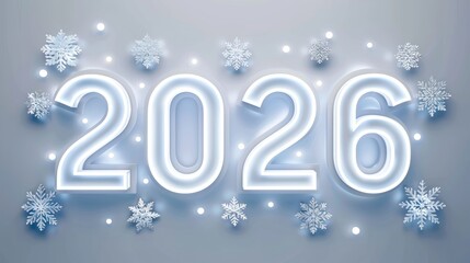 Bright Neon 2026 Numbers with Snowflakes on Soft Gray Background