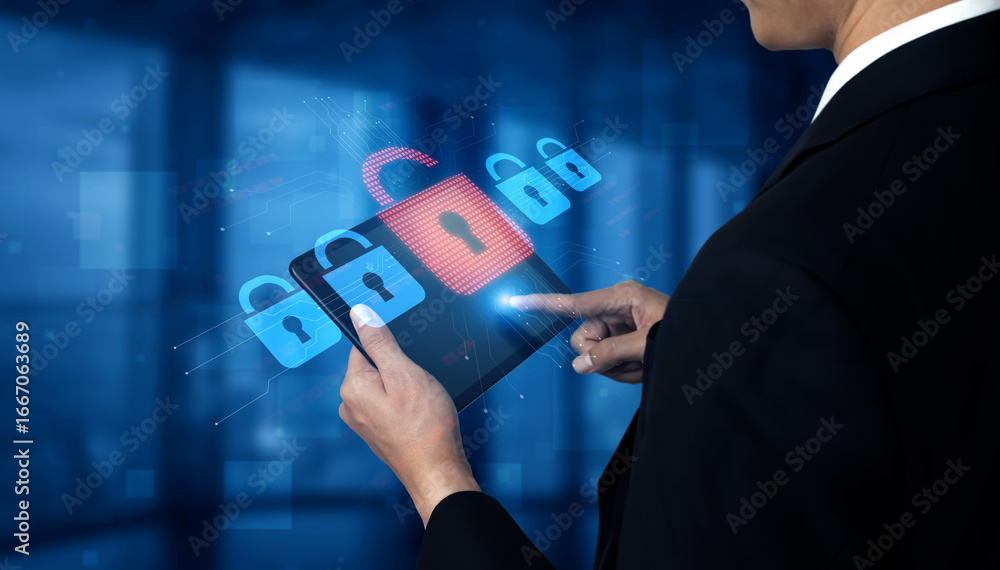 Poster digital security concept illustrating a cybersecurity breach, with a red unlocked padlock indicating