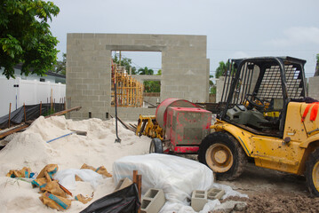 Partially Constructed Cement Block Building Foundation on a Cloudy Day. Incomplete construction...