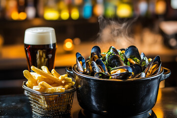 Steaming moules-frites with dark beer in cozy pub setting