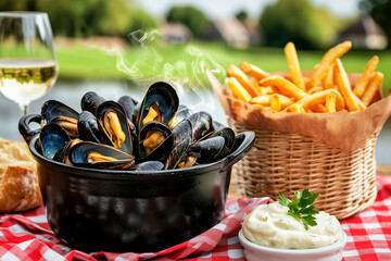 Steaming moules-frites picnic with wine and sauce by river