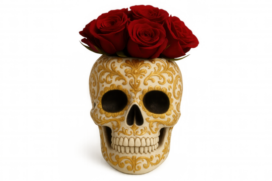 Decorated skull with gold details holding a bouquet of red roses, isolated on transparent background, ideal for dia de los muertos projects - Powered by Adobe