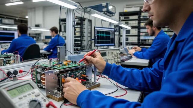 Engineers performing electrical testing on radar transmitters in a specialized lab section of an air traffic control production site.