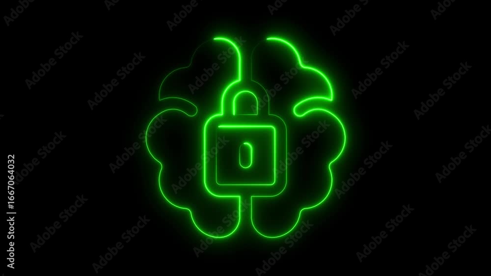 Poster animated green neon brain with lock representing brain security and data protection