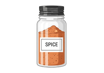 A glass spice jar filled with a vibrant, terracotta-colored spice displays a simple, label-marked "SPICE."
