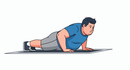 An overweight man in a blue tshirt and grey shorts performs a pushup on a dark mat against a white background