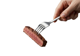 Clean adult hand holding silver fork with perfectly cooked medium-rare beef steak, isolated on transparent background with creamy bokeh, appetizing culinary presentation
