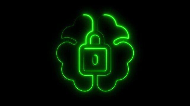 Animated green neon brain with lock representing brain security and data protection