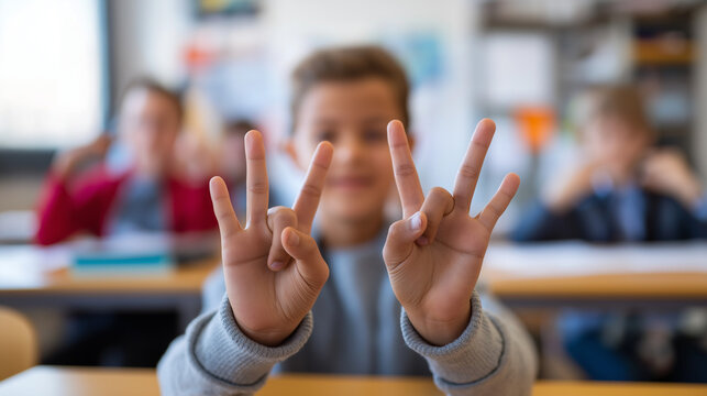 Schoolboy practicing sign language in class with fingers raised