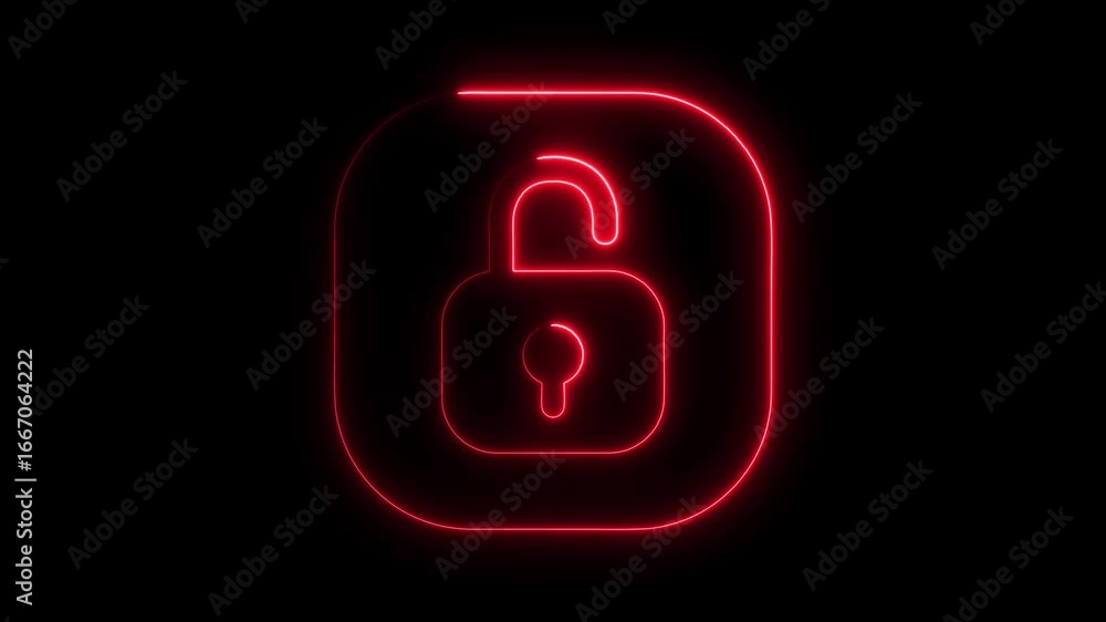 Poster animated neon red open padlock symbolizing security and encryption on black background