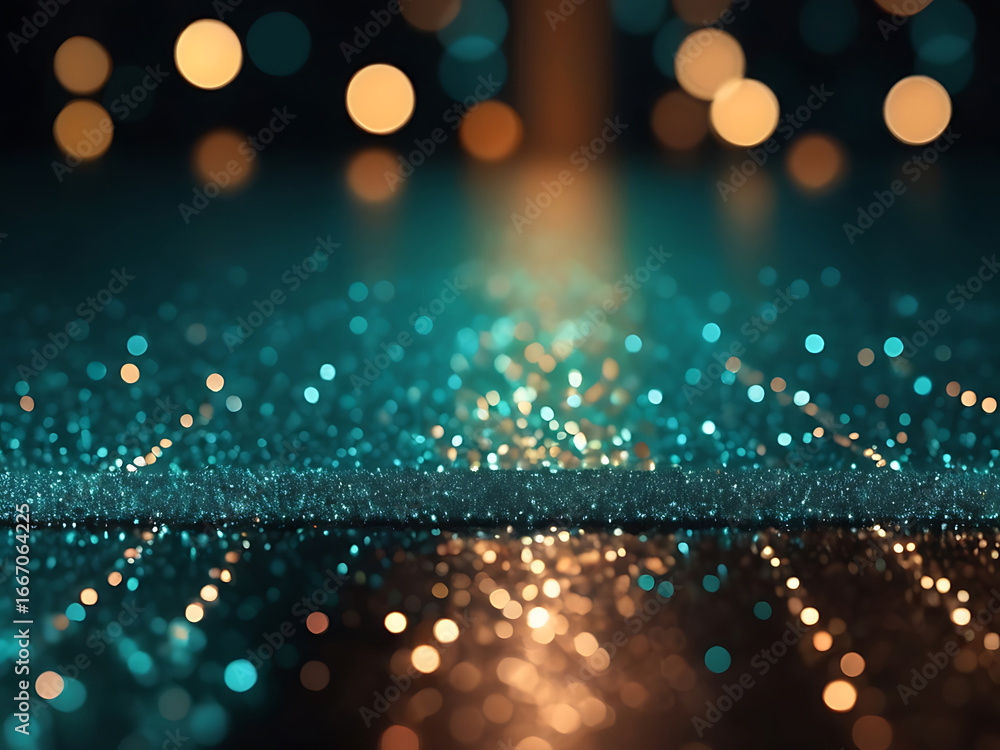 Poster elegant teal and gold glitter background with sparkling bokeh lights and reflection.
