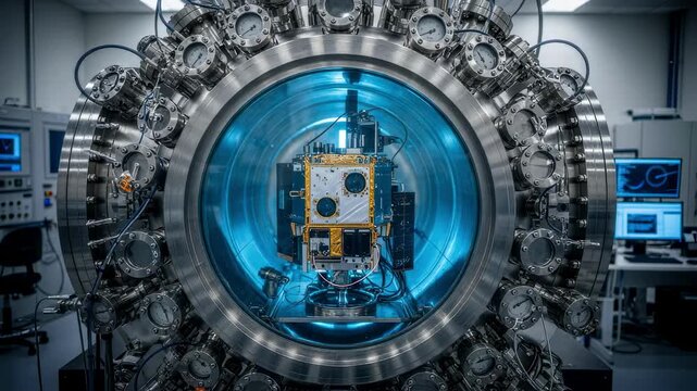 Industrial vacuum test chamber with weather satellite sensor inside ready for testing under harsh spacelike temperature and pressure.