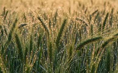Fototapeta premium Dew drops glistening on young green wheat ears at sunrise in a field