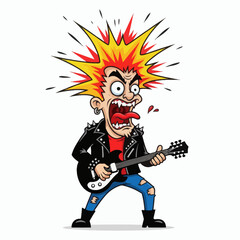 Fototapeta premium Cartoon punk rocker with spiky explosion hair wide eyes open mouth tongue out playing electric guitar aggressively