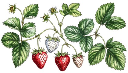Strawberry Plant Botanical Illustration.