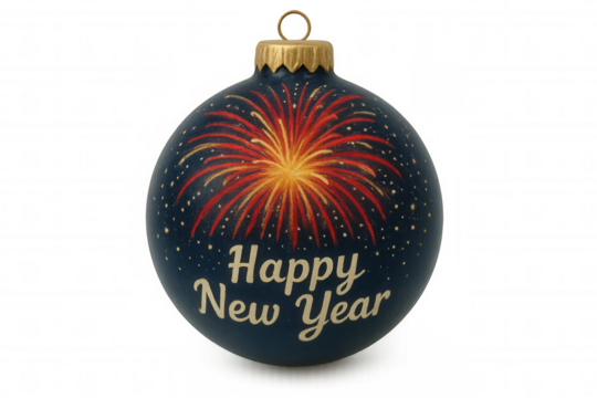 Festive holiday ornament featuring sparkling fireworks, 'happy new year' lettering, transparent background, celebrating seasonal cheer