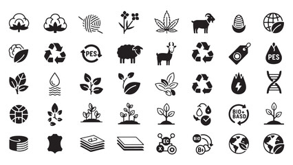 Material composition label glyph icon set. Vector pictograms of cotton, wool, silk, hemp, alpaca, cashmere, goat, textile, organic, natural, black sign silhouette illustration.