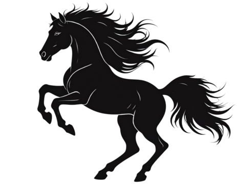 Rearing Horse Silhouette with Flowing Mane, Isolated on Transparent Background