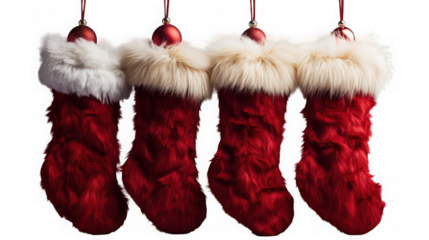 Four red christmas stockings with white fur trim hanging, isolated on transparent background