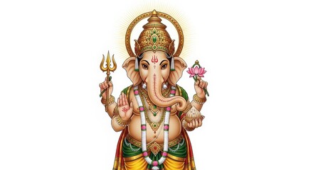 Obraz premium Hindu deity Ganesh with golden halo, holding lotus and trident on white background; front view