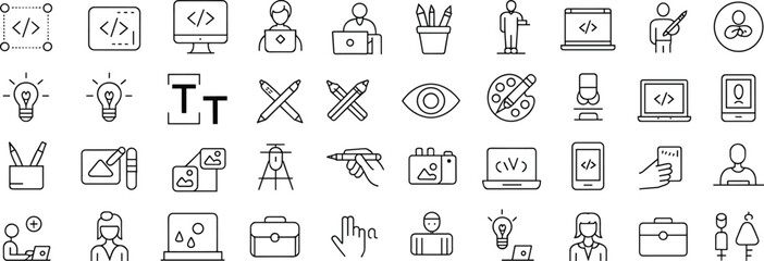 Coding and graphic design outline icon set, software development, web programming, digital art, creative tools, UI UX, technology vector
