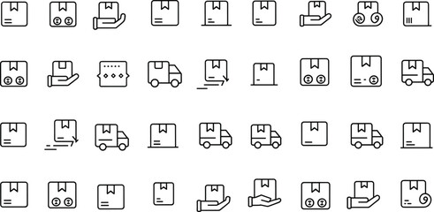 Parcel delivery outline icon set, shipping box symbols, courier service, logistics, cargo transport, package distribution, supply chain, express delivery vector