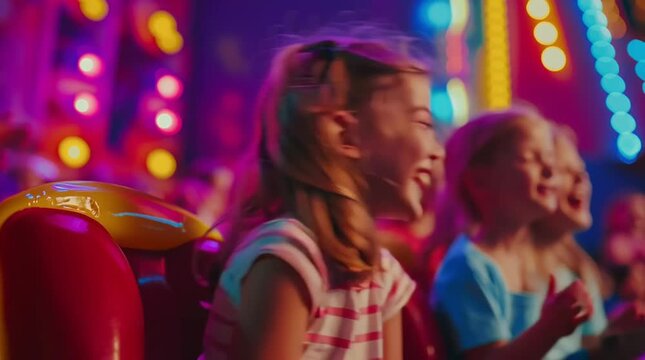 Joyful children experiencing excitement on a colorful amusement ride, with vibrant lights and laughter creating a lively atmosphere of fun and happiness