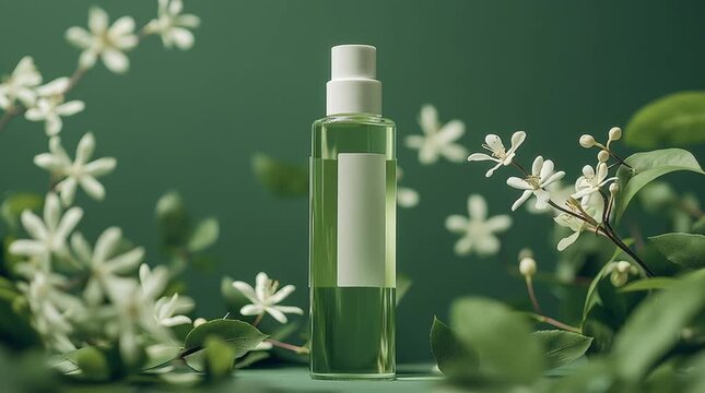 Elegant green bottle of cosmetic product surrounded by delicate white flowers and lush leaves, showcasing a serene and natural beauty aesthetic in a harmonious composition