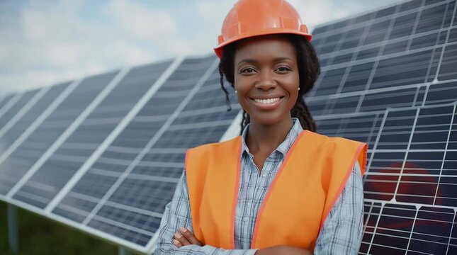 Confident African American woman in safety gear stands proudly among solar panels, showcasing commitment to renewable energy and sustainable practices in a vibrant outdoor setting
