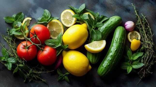 Vibrant assortment of fresh vegetables and herbs, including tomatoes, cucumbers, lemons, and mint, arranged artistically on a textured surface, showcasing natural colors and textures