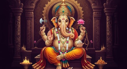 Fototapeta premium Hindu deity Ganesha, adorned with gold, sits amidst intricate pillars & offerings in bright light