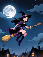 cartoon witch in hat flying on broom to sabbath in night sky with full moon in background.