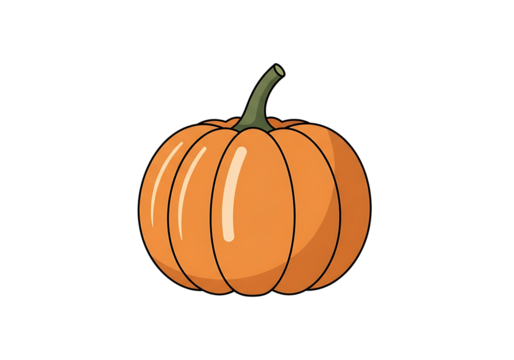 A bright orange pumpkin with a simple, green stem stands out against a black background. - Powered by Adobe