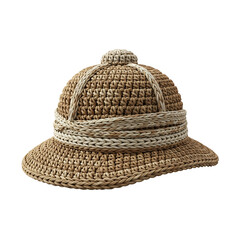 Intricate woven straw hat with distinct band and pom-pom detail on textured surface
