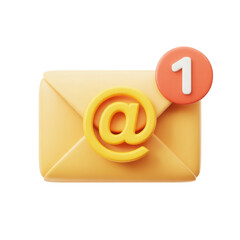 3d rendered illustration of an email envelope with an symbol and a notification badge isolated on transparent background