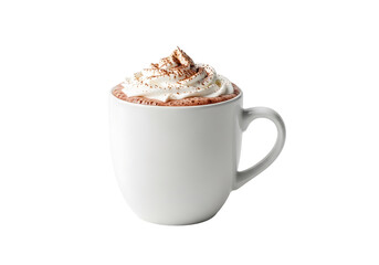 A close-up view of a mug of hot chocolate, topped with a generous swirl of whipped cream and sprinkled with cocoa powder, against a pure black background.